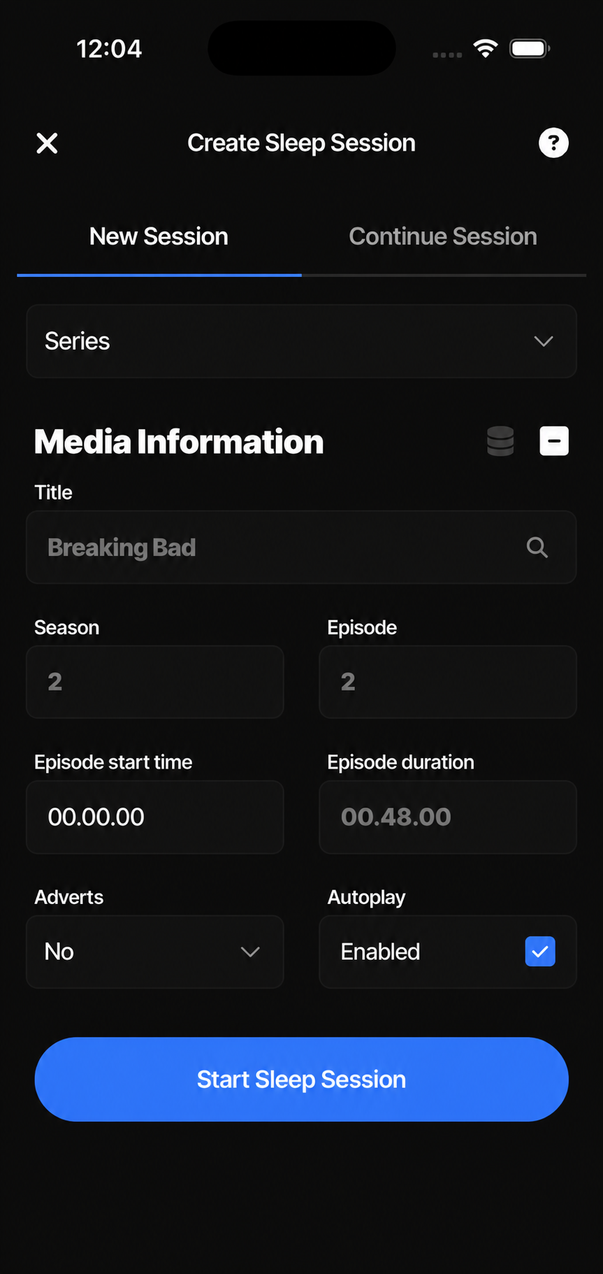 DozyBlue app screen for creating a sleep session