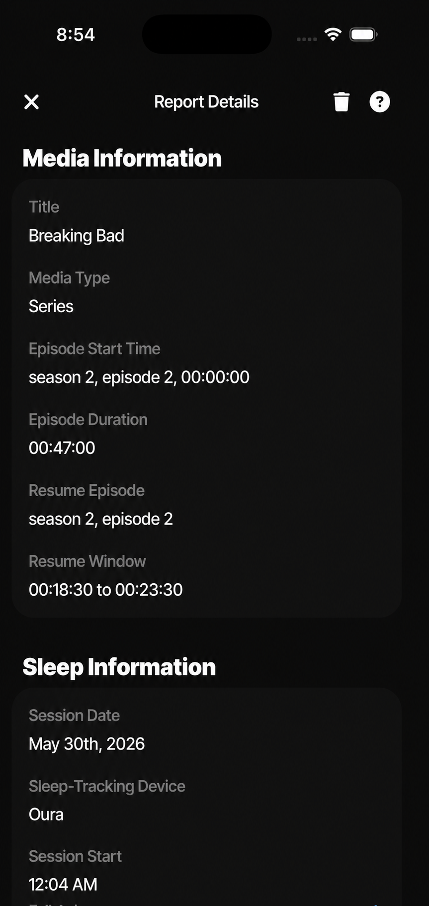 DozyBlue app screen showing report details and a suggested resume window